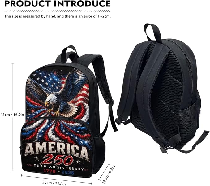 Eagle Kids Backpack for Boys Girls, American USA Flag School Bookbag, Kids 17 Inch Laptop Backpack Pencil Lunch Water Bottle Bag, 4 Pieces Hiking Backpacks Schoolbag Daypack Ages 8-10 10-12 - Image 2