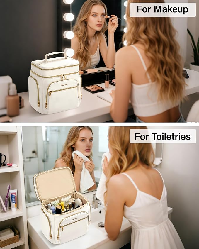 Hanke Large Toiletry Bag for Women Travel, Double Layer Organizer with Wide Opening for Full-Size Cosmetics & Toiletries, 12.2L Water-Resistant Makeup Bag,Off White - Image 9
