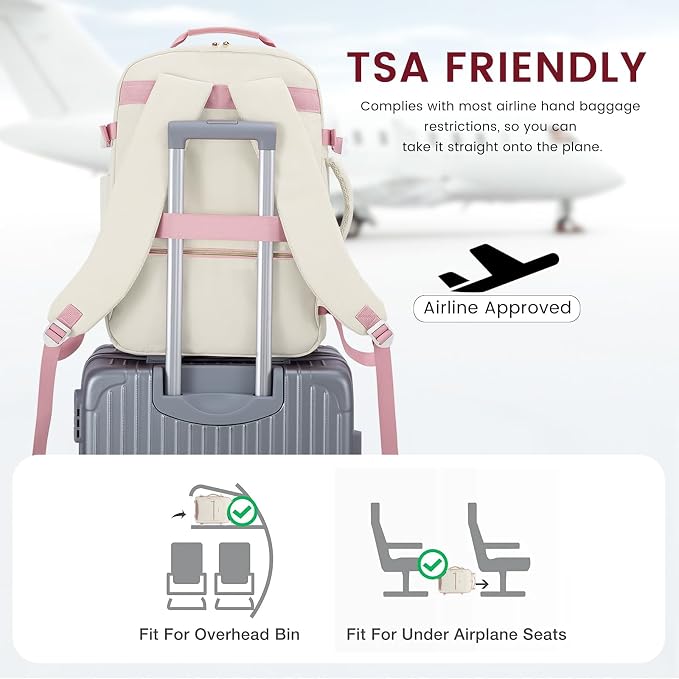 LOVEVOOK 40L Large Travel Backpack for Women Men, 17 Inch Carry on Backpack for Traveling on Airplane, Personal Item Travel Bag Airline Approved, Business Causal Weekender Backpack, Beige-Pink - Image 4