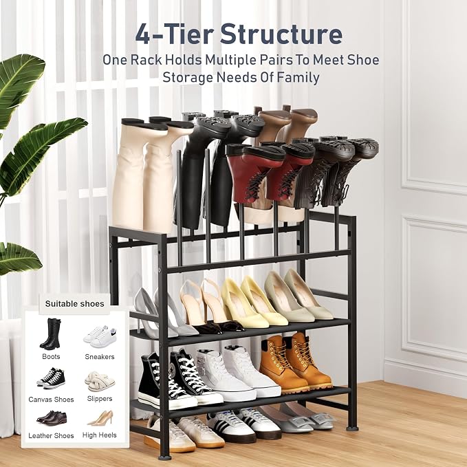 DIMJ Free Standing Shoe Racks - 4-Tier Boot Rack, Black Metal Boot Storage Organizer Tall Boots Organizer for Closet, Multiuse Shoe Rack for Boots, Sneakers,Fit for 6 Pairs Boots, Black - Image 3