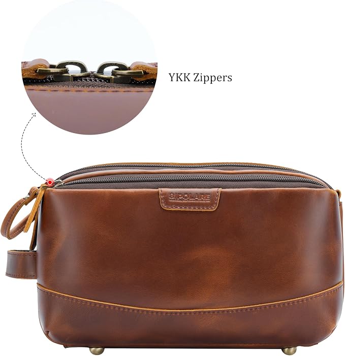 Polare Full Grain Leather Toiletry Bag for Men Large Travel Cosmetic Case Dopp Kit Shaving Kit Wash Pouch with YKK Zippers (Brown) - Image 6