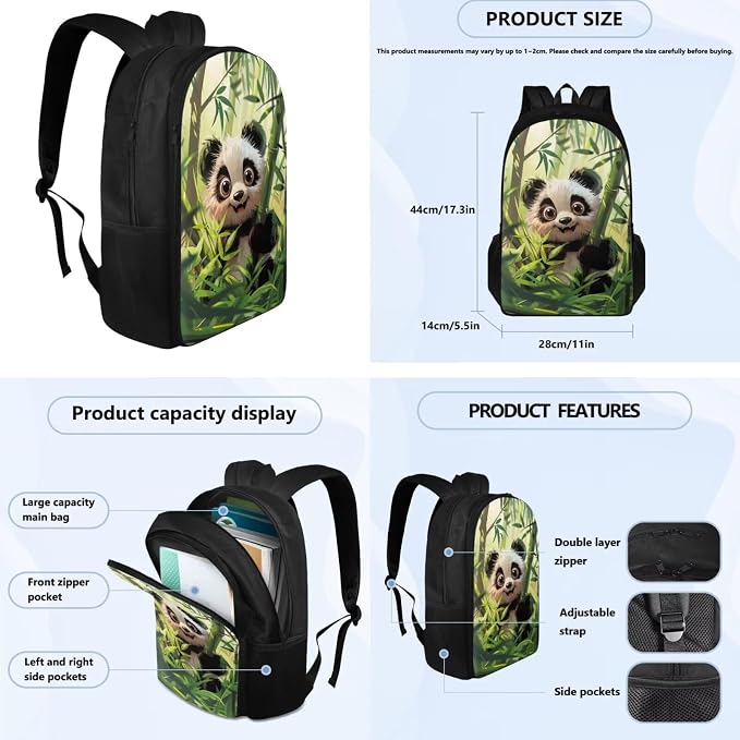Panda Backpack for Girls Boys Backpack with Lunch Box Water Bottle Pouch and Kawaii Pencil Case 4PCS Set Cute Bookbag with Compartments for School 17 inch Large Sturdy School Bag for Kids - Image 4
