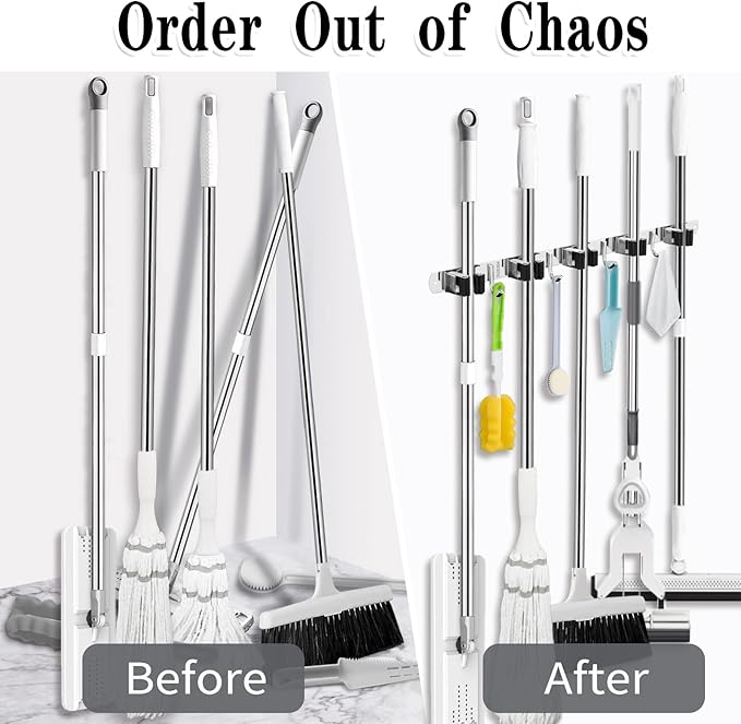 2 Pack Mop and Broom Holder Wall Mount, 5 Racks and 4 Hooks Broom Organizer Storage Tool Racks Stainless Steel Heavy Duty Hooks Self Adhesive Solid Non-slip for Home Kitchen Garden Laundry Garage - Image 6