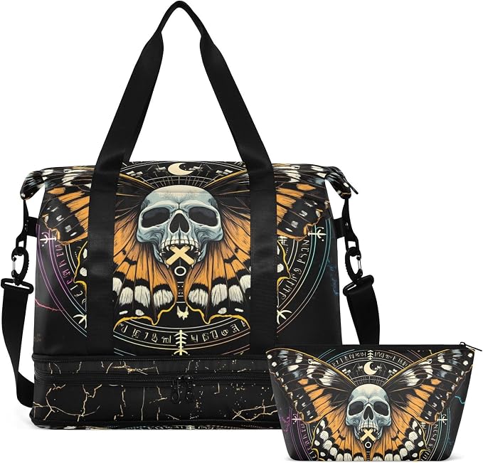 MNSRUU Travel Duffel Tote Bag Mysterious Skull Horoscope Black Gold Marble Stripe Sports with Wet Pocket Weekender Overnight for Women Men Gym Bag, Carry On Hospital Labor & Delivery - Image 8