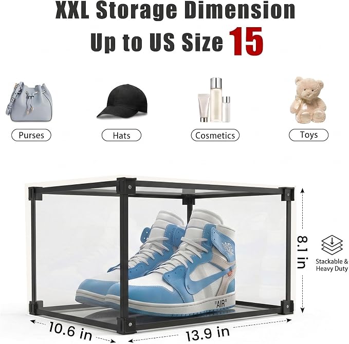 Transparent Plastic Storage Clear Shoe Display Case Box Organizer - Magnetic Side Open, 16PC (Black) - Image 2