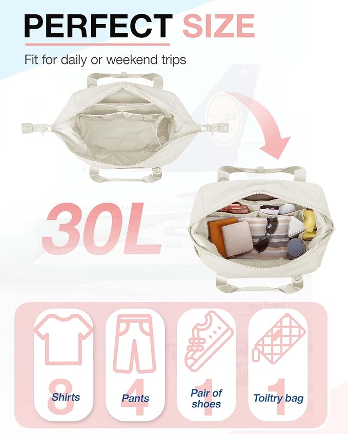 BAGSMART BAGSMART Gym Bag for Women, Carry on Weekender Overnight Bag, Travel Duffel Bags with Trolley Sleeve, Personal Item Travel Bag Tote Bag Workout Dance Bag(Light Beige,Medium) - Image 6