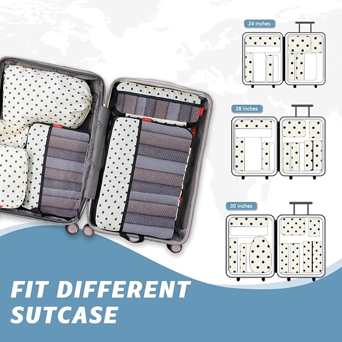 U+U 10 Set Compression Packing Cubes - Travel Organizers with Laundry Bag, Space-Saving Suitcase Organizer, Expandable Packing Organizers for Travel Essentials (Polka Dot) - Image 5
