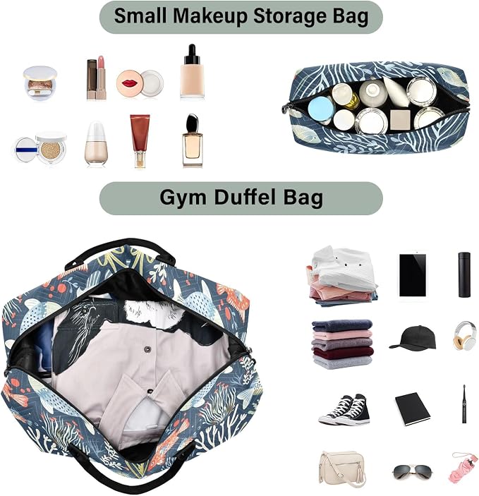 Weekender Bags Travel Duffel Gym Bag Carry on Overnight Tote Bag with Toiletry Bag for Airplane Travel Trip Gym Yoga (Ocean Animals and Plants) - Image 4