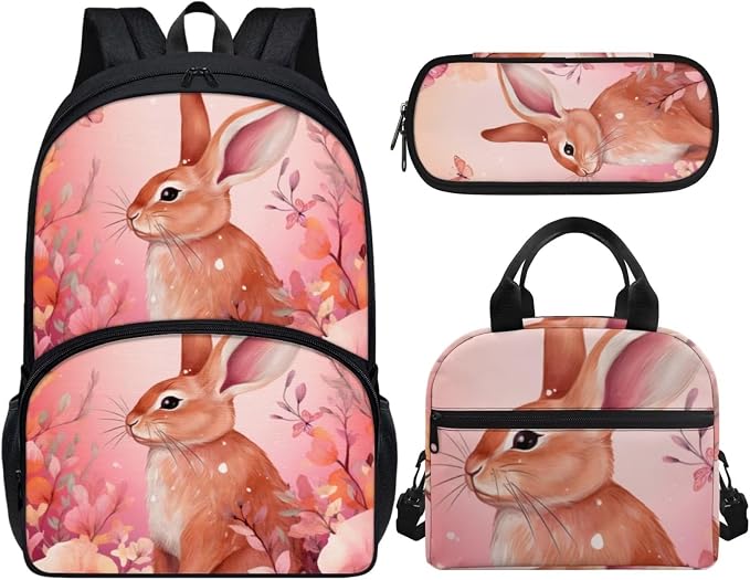 Pink Rabbit Backpack with Lunch Box and Pencil Case Girls Comfy Padded Cute School Backpack Set of 3 Bookbag for Student Lightweight Large Capacity Daypack - Image 2