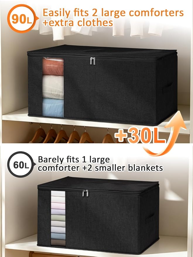 90L Blanket Storage Bags, Extra Large Comforter Storage Bag with Clear Window & Reinforced Handles, Stackable Bedding Organizer for Quilts, Duvets, Pillows, Seasonal Clothes，25.6x17.3x11.8in, Black - Image 2