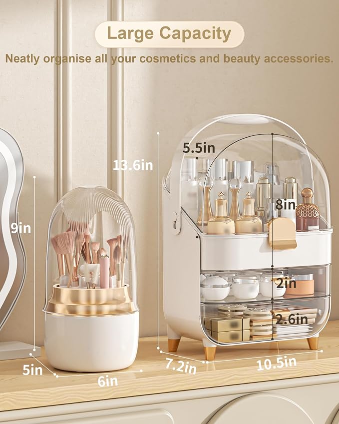 Makeup Organizer Countertop, Skincare Holder Bathroom Counter Organizer, Storage Box Cosmetic Display Cases, Teen Girl Gifts Make up Organizers (White/Brush) - Image 2