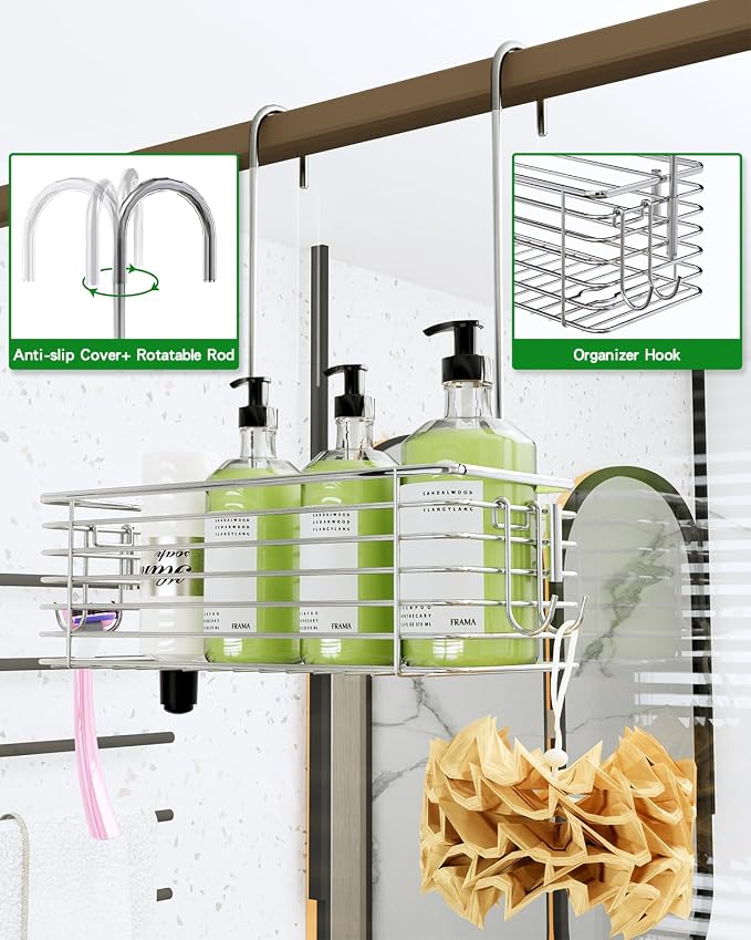 Over Door Shower Caddy, Stainless Steel Bathroom Organizer with Rotating Hooks, Hanging Storage Basket for Shampoo - Image 5
