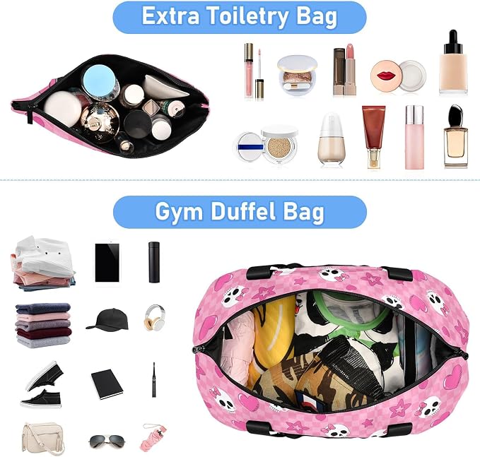 Travel Duffel Tote Bag Pink Skull Girl Sports Duffel Bag with Wet Pocket Weekender Overnight Bag for Women Men Gym Bag, Carry On Bag Hospital Bag for Labor and Delivery - Image 3