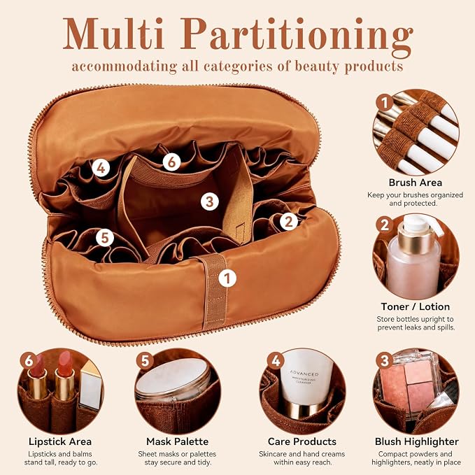 Large Capacity Travel Cosmetic Bag, Foldable Standing Makeup Organizer, Waterproof PVC Makeup Bag with Adjustable Dividers, 27 Pockets and 3 Makeup Brush Slots for Travel Home. (Brown) - Image 3