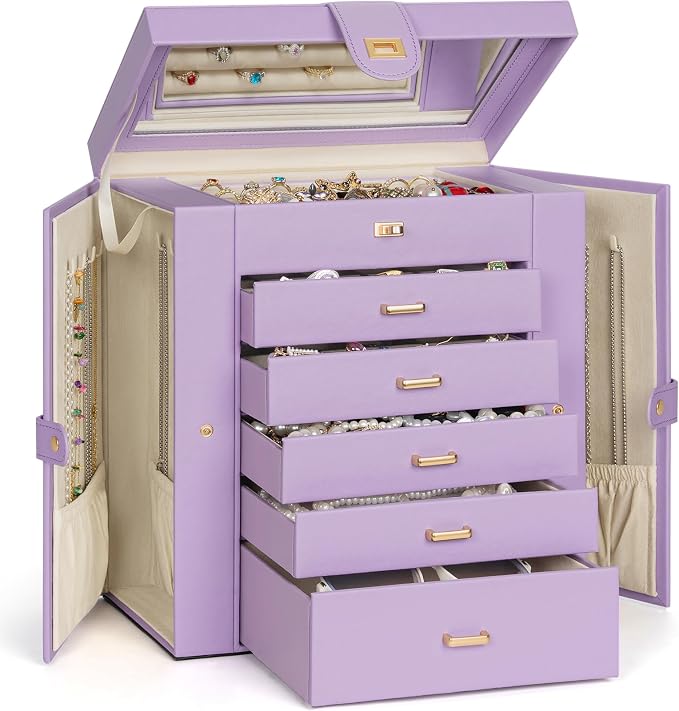 AKOZLIN 6-Tier Jewelry Box Organizer Functional 5 Drawers Leather Jewelry Storage Case for Women Girls Ring Necklace Earring Bracelet Holder Organizer with Mirror Extra Large Violet by AKOZLIN