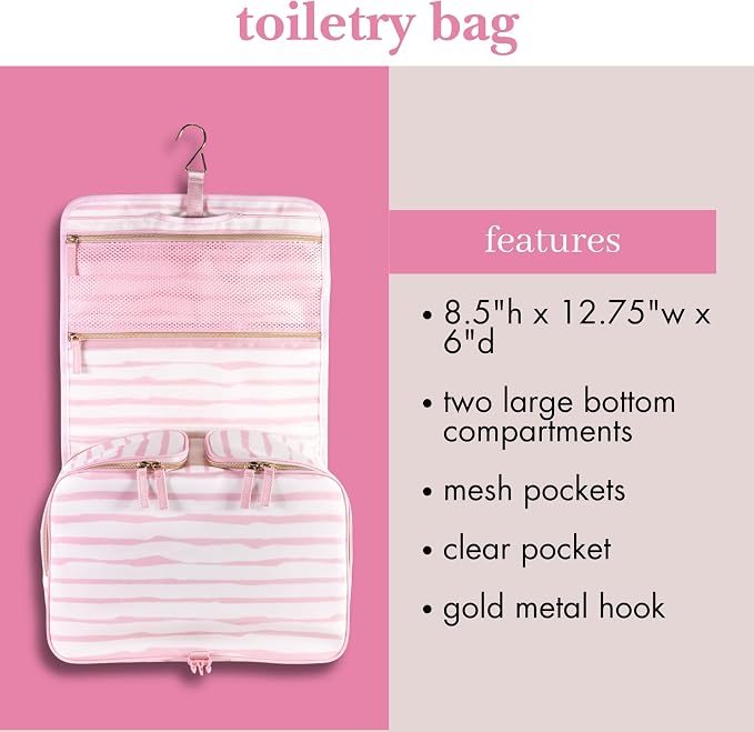 kate spade new york Hanging Toiletry Bag, Goddess Stripe | 8.5" x 12.75" x 6" Travel Organizer with Gold Hook, 2 Large Bottle Compartments, Mesh & Clear Pockets, Nylon & Mesh - Image 5