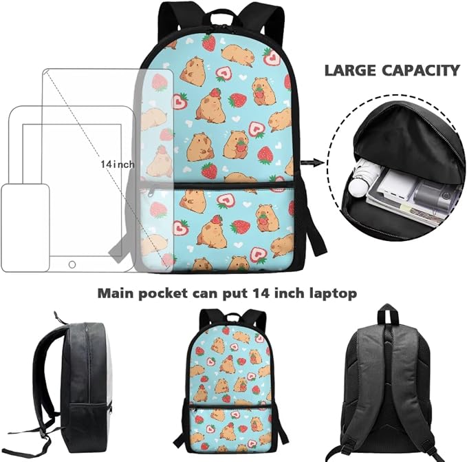 Blue Capybara Strawberry Girls Elementary School Backpack with Lunch Box Pencil Case School Bag Sets Kids Bookbags 3 in 1 - Image 2