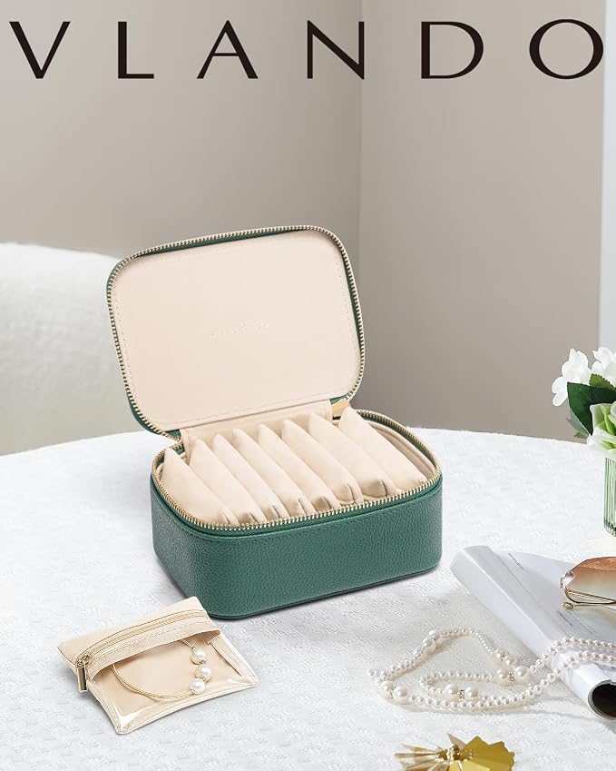 VLANDO Jewelry Travel Case,Travel Jewelry Organizer with Clear Velvet Jewelry Bags 8Pcs Zipper Pouch for Women Girl Gift-Green - Image 2