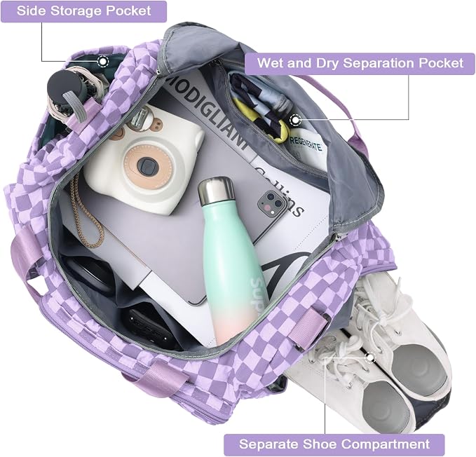 WOOMADA Foldable Travel Duffel Bag with Shoes Compartment, Overnight Bag with Wet Pocket & Trolley Sleeve, Weekender Bags for Women (violet checkerboard) - Image 5