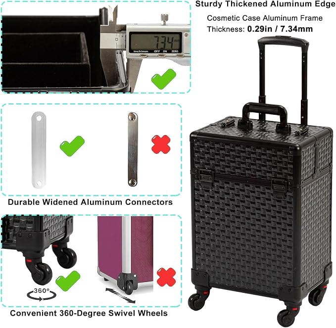 Arous Rolling Train Makeup Case Cosmetology Case on Wheels, Black | Cosmetic Travel Trolley 4 Tray with Sliding Rail Removable Middle Layer with Key Salon Barber Case Traveling Cart Trunk - Image 6