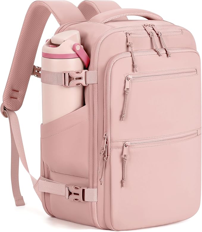 mibasies 30L Travel Backpack for Women & Men: Carry On Luggage Flight Approved, TSA Laptop Backpack with Water Bottle Pocket, Personal Item Bag Fits 15.6" Laptop for Weekender Business - Pink by mibasies