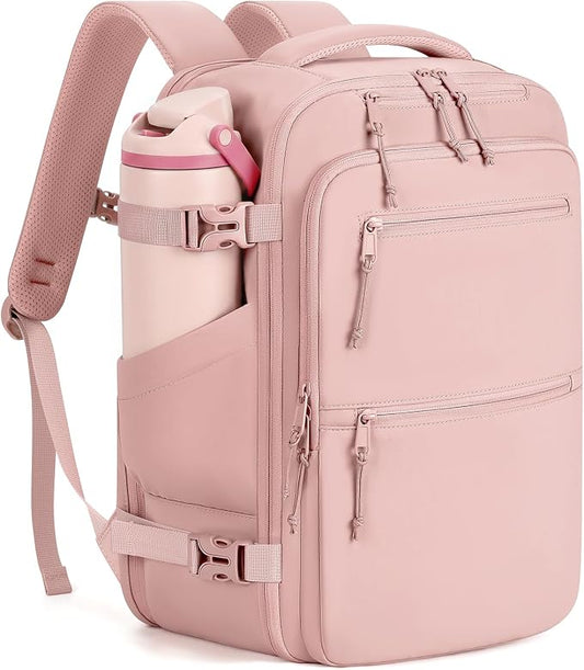 mibasies 30L Travel Backpack for Women & Men: Carry On Luggage Flight Approved, TSA Laptop Backpack with Water Bottle Pocket, Personal Item Bag Fits 15.6" Laptop for Weekender Business - Pink by mibasies