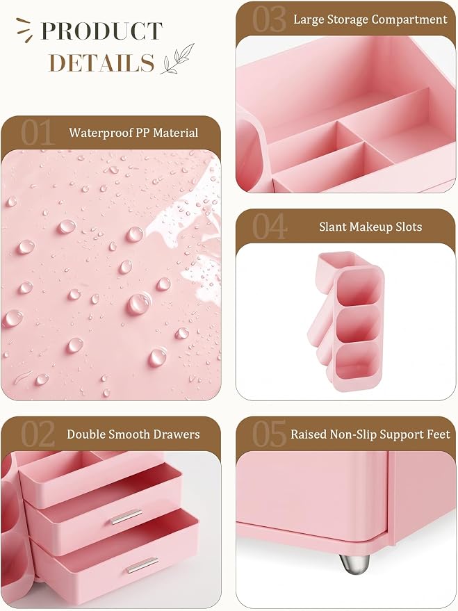 Makeup Organizer with Drawers,Large Capacity Countertop Organizer for Vanity,Bathroom and Bedroom Desk Cosmetics Organizers,Easy To Storage Skincare,Brushes,Lotions (All Pink) - Image 2