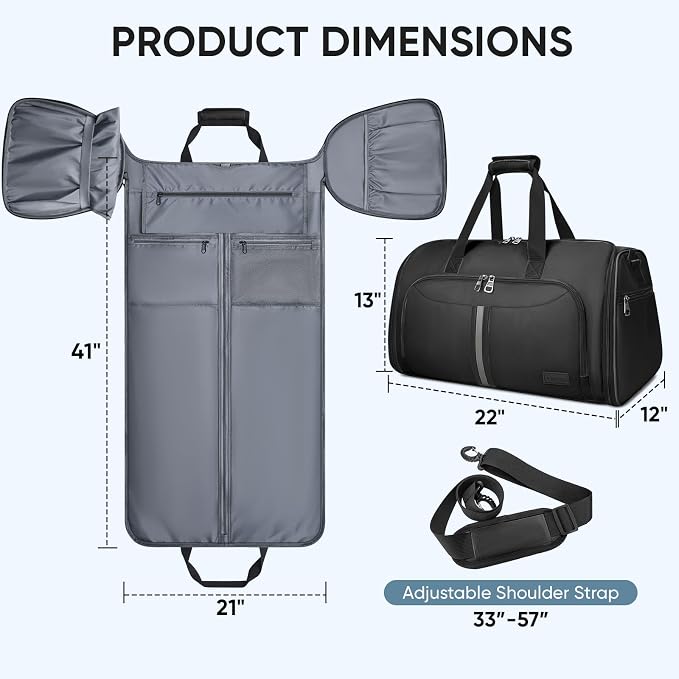 BALEINE Travel Garment Bag, Travel Suit Bag for Men, Water Resistant Carry on Garment Bag for Hanging Clothes, Garment Duffel Bag for Travel Business (Pure Black-Convertible) - Image 2