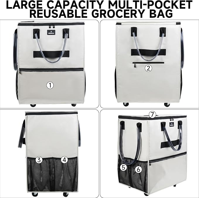 Reusable Grocery Bag On Wheels, 70L Foldable Rolling Tote Bag with 6 Pockets & 3-Way Carry, Heavy Duty Handle, Zippered Top for Grocery, Laundry, Storage, Collapsible Shopping Trolley, Medium, Beige - Image 3