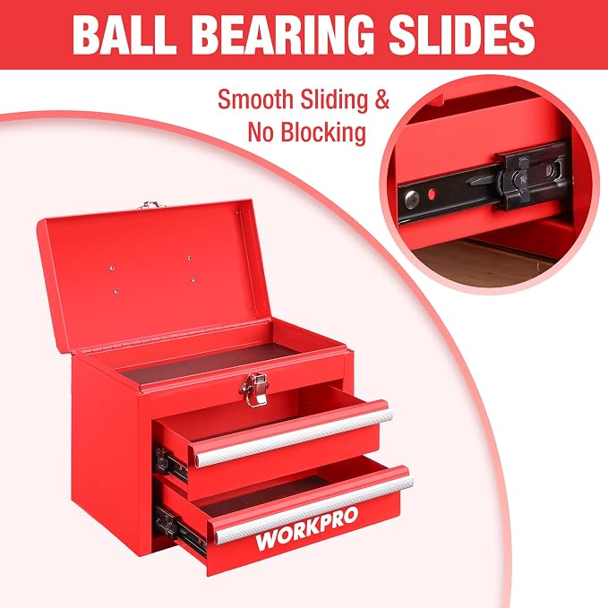 WORKPRO Portable Mini Metal Tool Box with 2 Drawers | Metal Tool Chest, Ball Bearing Slides, Top Storage, Latch Handle, PVC Drawer Liners, PP Feet Pads - Image 4
