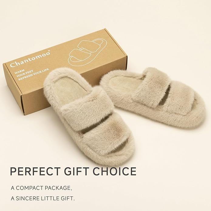 Chantomoo Women's Memory Foam Fuzzy Comfy Faux Fur House Shoes - Furry Bedroom Indoor Open Toe Slippers with Two Bands - Trendy Gift Slippers