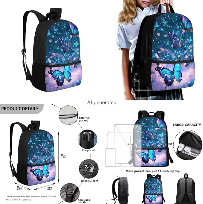 Butterfly Backpack for Girls Kids Backpack with Lunch Box Water Bottle Carrier with Strap and Aesthetic Pencil Case 4PCS Set Bookbag with Front Pocket for School Teens 17 inch Large School Bag - Image 3