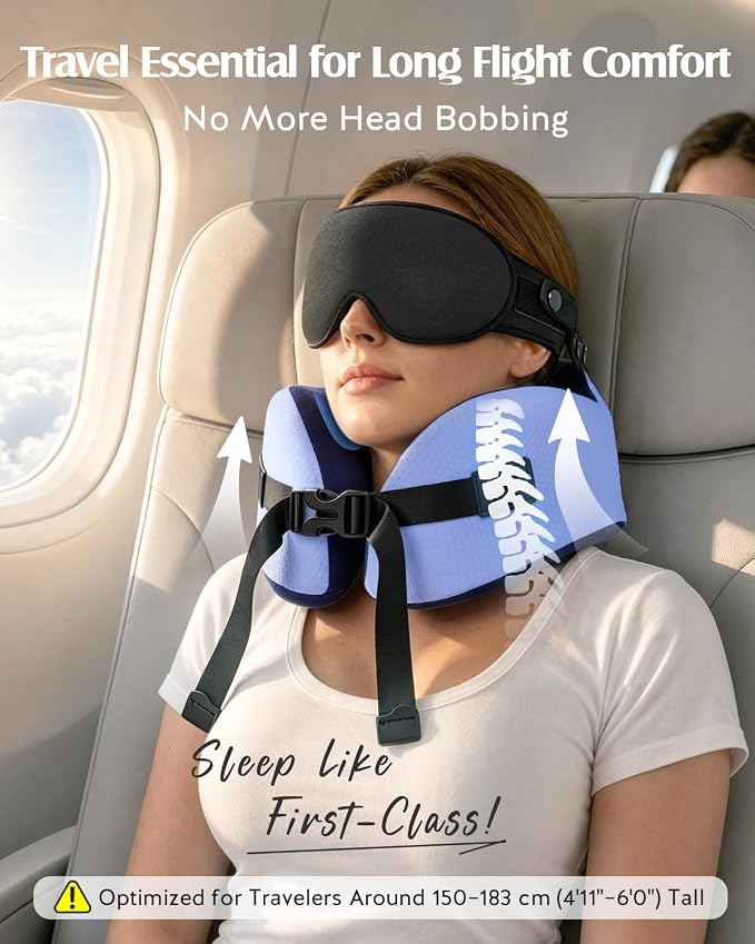 YFONG Travel Pillow for Long Flights, Patented 360° Ergonomic Sleeper Hold Head Support System with Memory Foam Neck Pillow & 3D Sleep Mask, Prevent Head Bobbing for Airplane & Road Trip, Blue - Image 2