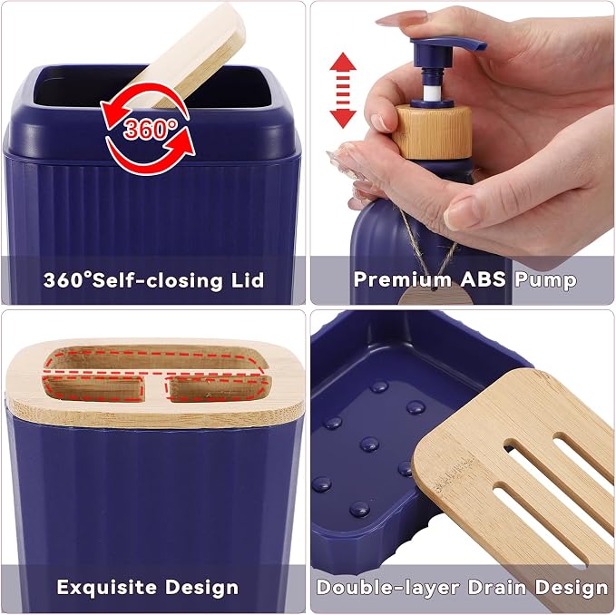 XLHOMO 30PCS Navy Blue Bathroom Accessories Set with Waffle Shower Curtain,Trash Can,3PCS Lotion Soap Dispenser, Toothbrush Holder, Soap Dish,Tumbler Cup,6PCS Wood Tags Bath Accessories with Tray - Image 4