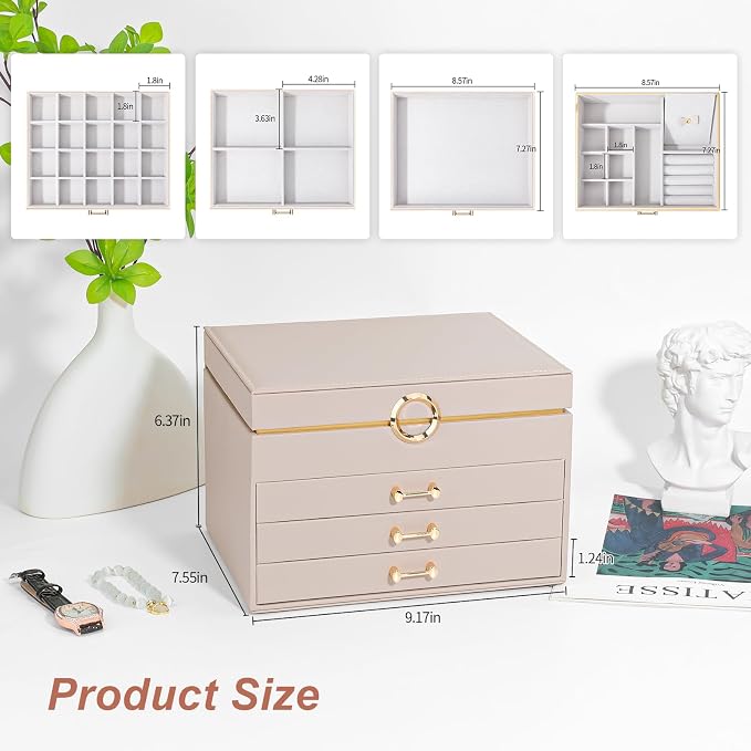 Large Jewelry Box, 4-Layer Leather Organizer, Apricot | 3 Drawers, Display Case, For Women Girls - Image 6