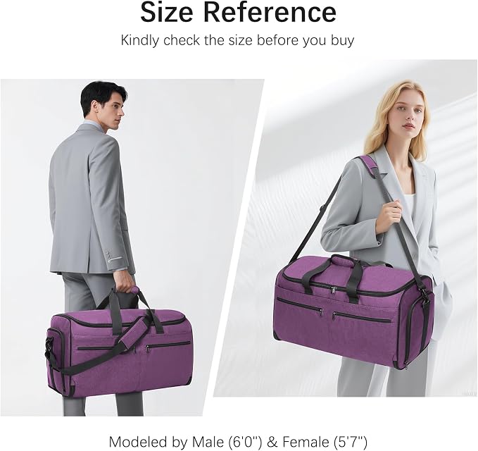 Large Garment Bag for Travel, Bukere Convertible Suit Travel Garment Duffel Bag for Women Business, Shoe Compartment, Detachable Shoulder Strap, 2 in 1 Hanging Suitcase Suit Travel Bags, Purple - Image 7