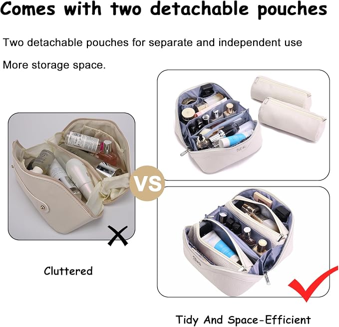 BOYATU Travel Makeup Bag for Women: Cosmetic Organizer Bag with Compartments - Leather Make up Bags Set of 3 (G-2-White) - Image 6