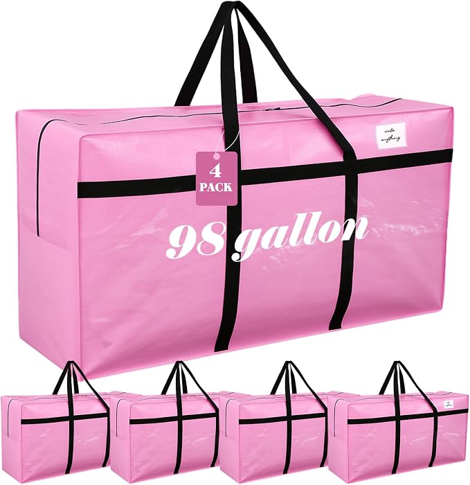 Windyun 4 Pack 98 Gallon Extra Large Moving Bags XXL Heavy Duty Storage Bag with Strong Zipper Handle Jumbo Big Tote Box Foldable for College Dorm Travel Clothes Duffle Blanket Pillow(Pink) - Image 2