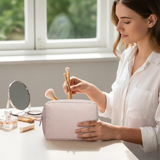 Sanwuta 6 Seersucker Cosmetic Bag Bulk Striped Makeup Bag for Women Aesthetic Cute Travel Toiletry Organizer Preppy Storage Pouch for Wedding Bridesmaid Mother's Day Teacher Gift (Large,Khaki) - Image 3