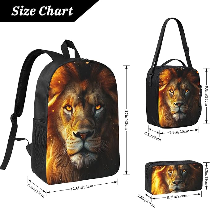 Lion Kid Backpack Set with Lunch Bag & Pencil Case Large Capacity School Bag 17 Inch Bookbag for Boy Girl - Image 3