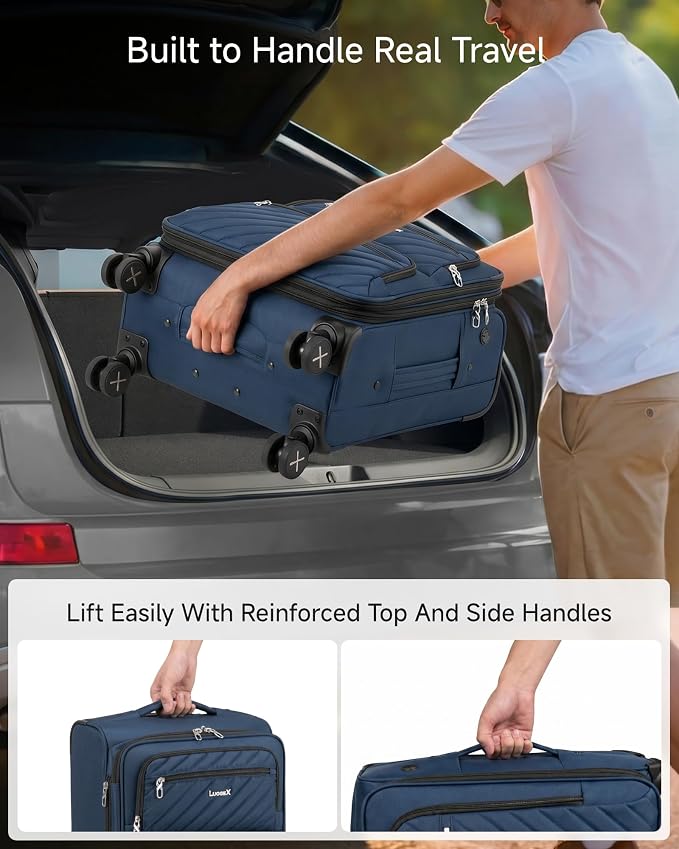 LUGGEX Carry On Luggage with Wheels, Expandable Soft Sided Rolling Suitcase with 8 Spinner Wheels & Aluminum Handle, Lightweight Travel Bag for Business Weekend Trip (UX-Core, Blue,20 Inch) - Image 4