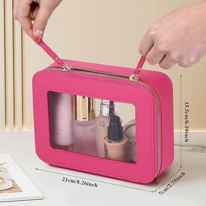 Clear Travel Makeup Bag with Brush Case Portable Transparent Cosmetic Bag and Toiletry Bag Waterproof Makeup Organizer with Zipper Car Essential for Women (Fuxia, M+Slim) - Image 3