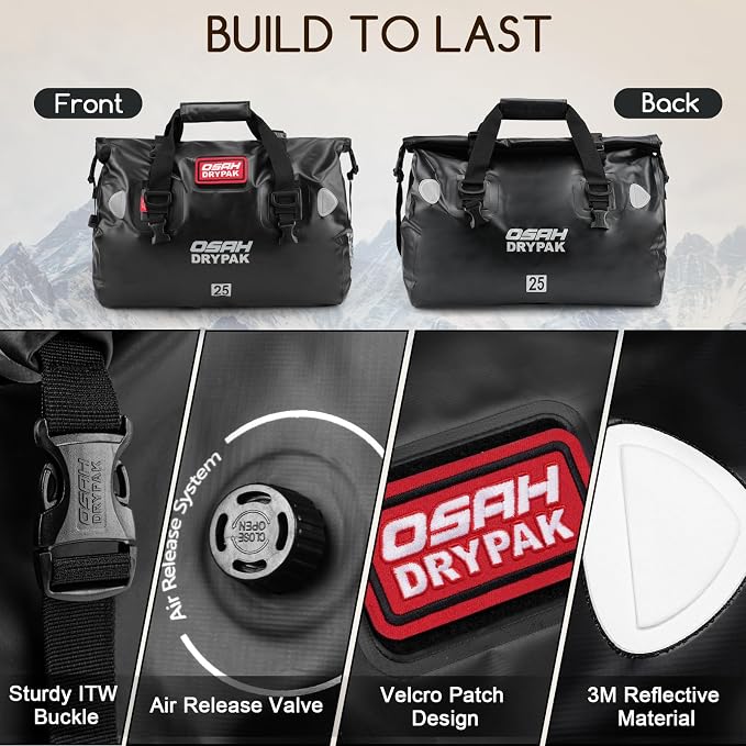 OSAH DRYPAK Waterproof Duffel Bag - Motorcycle Dry Bag Tail Bag with Large Storage Space, Waterproof Luggage Duffle Bags with Outer Mesh Zipper Pocket for Camping, Kayaking, Fishing & Traveling - Image 3
