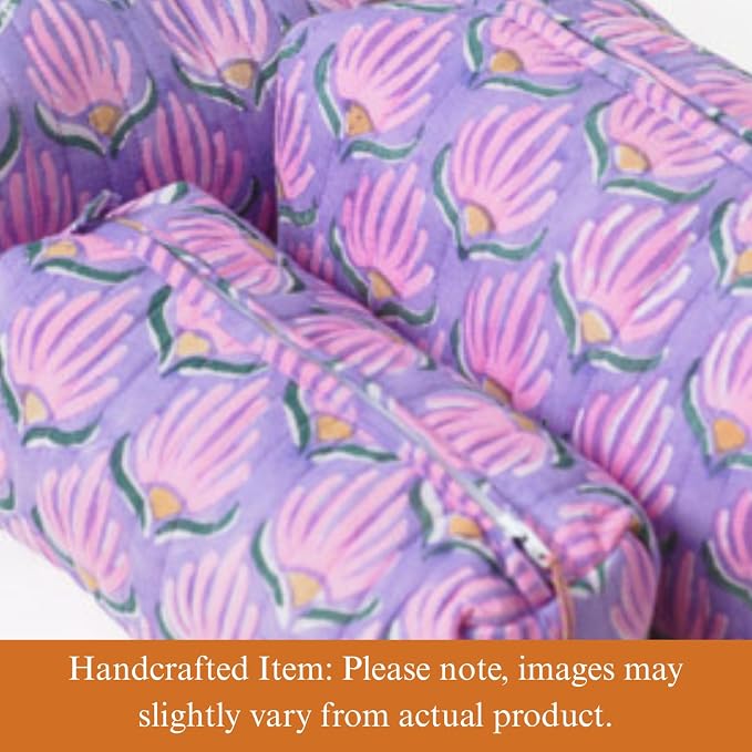 Saffron Marigold Quilted Makeup Bag Set of 3, Hand Block Printed Cotton Cosmetic Bags for Women, Waterproof Lined Travel Toiletry Bag, Coquette Floral Aesthetic, Handmade Gift, Lilac Flame - Image 2