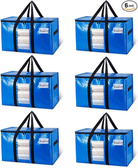 TAILI Extra Large Moving Bags, 6 Pack Blue Heavy Duty Totes For Storage with Visible Window, Wrap Around Handles, Storage Bags for Space Saving, Alternative to Moving Boxes by TAILI