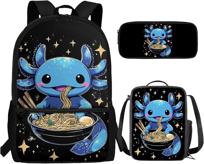 Blue Axolotl Backpack with Lunch Box Kids Girls 6-8/5-7 Ramen Bookbag for 1st Grade Lunch Bag Pencil Case 3 in 1 Set Anime Back Pack Toddler Teen Elementary School Book Bags Preschool by SCRAWLGODDreamWardrobe