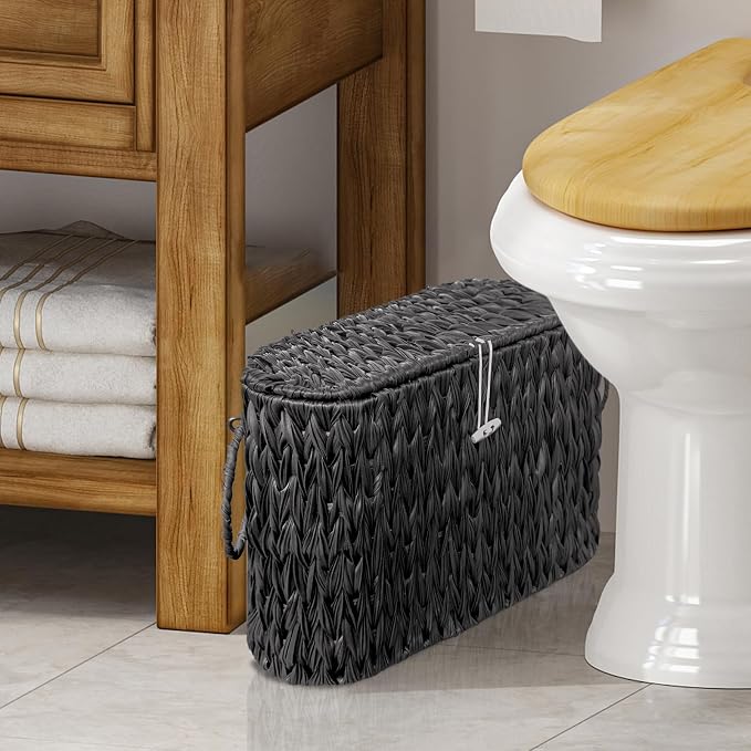 Coeusy Black Toilet Paper Basket with Lid,Wicker Toilet Paper Storage Stand,Large Narrow Bathroom Towel Basket Mega Roll Container Bin for Toilet Tank,Floor - Image 2