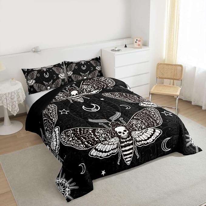Erosebridal Gothic Bedding Set - Full Skull Moth Duvet Set for Teens & Adults - Boho Mandala Pattern - Halloween Bedroom Decor (1 Comforter + 2 Pillowcases) - Image 4