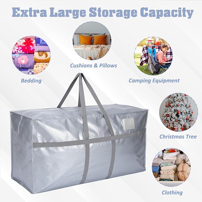 Windyun 4 Pack 69 Gallon Extra Large Moving Bags XXL Heavy Duty Storage Bag with Strong Zipper Handle Jumbo Big Tote Box Foldable for College Dorm Travel Clothes Duffle Blanket Pillow(Silver) - Image 4