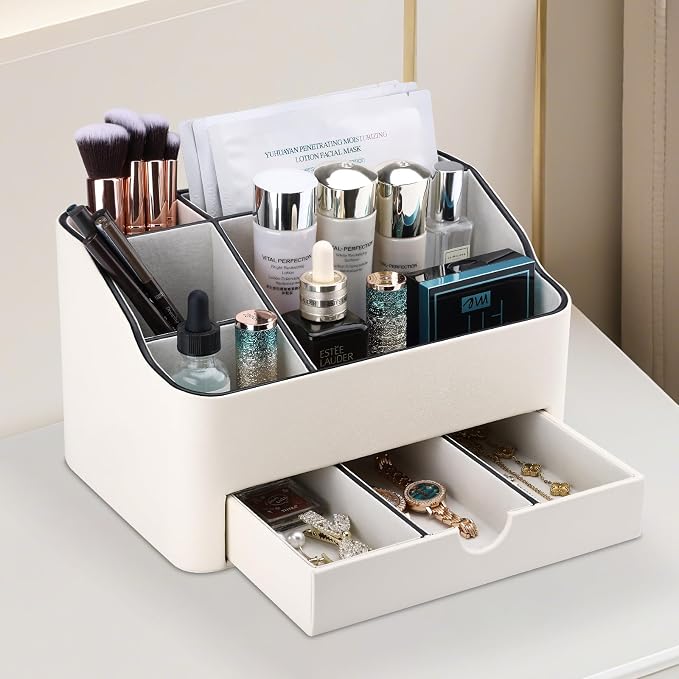 KINGFOM PU Leather Makeup Organizer with Drawer, Skincare Organizer for Vanity, Cosmetic Storage for Dresser Countertop, Beauty Holder for Lipstick Brush Skincare (Ivory White) - Image 5